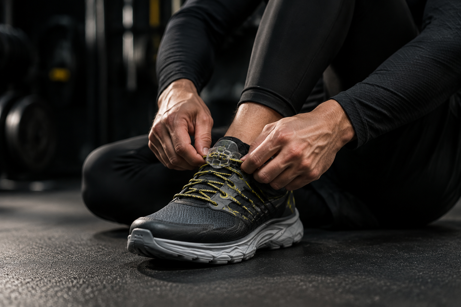 Runner che regola i lacci elastici WN LACE sulla scarpa sportiva